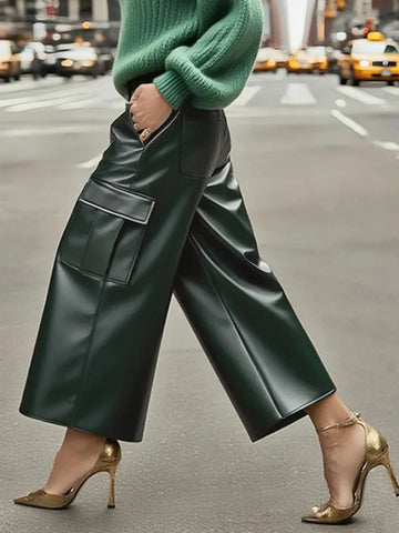 Women's PU Leather Pockets High Waisted Straight Leg Pants High Street Solid Color Casual Trousers Bottoms