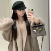 Elegant Lace Up Woolen Coat Women Furry Lapel Fur Patchwork Belt Loose Short Jacket Female Lady Autumn Winter Cardigans
