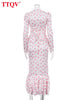 Slim Print Women's Dress Autumn V-Neck Long Sleeve Ankle Length Dresses Elegant Classic Pleated Female Dress
