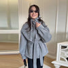 Elegant Woolen Women Short Coat Urban Stand Collar Long Sleeve Belt Pocket Female Outwear Autumn Winter Lady Streetwear