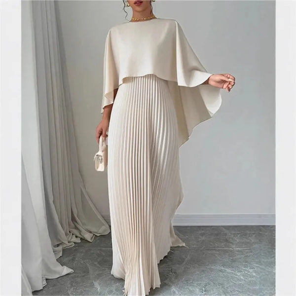 Elegant Crew Neck Pleated Long Dress Women Casual Solid Loose Cloak Sleeve Ruffle Maxi Dresses For Women Spring Autumn Vestidos