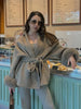 Solid Lace Up Faux Fur Sleeve Jacket Woman Elegant Mid-length V-neck Woolen Blend Coat Autumn Casual Scarf Outwear