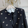 Autumn Winter Heart Buckle Black Wool Tweed Short Jacket Coat Women Vintage Long Sleeve V Neck Wave Cardigan Outwear Top