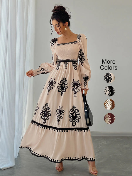 Women's All Over Print Shirred Bishop Sleeve A Line Dress, Long Sleeve Dress for Fall & Winter
