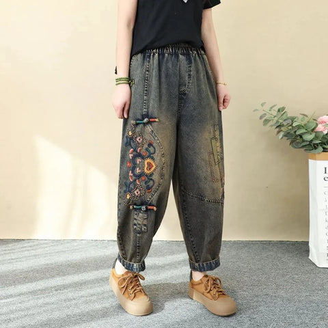 Artistic Retro Embroidered Jeans Women's Wear Spring Autumn Loose High Waist Elastic Denim pants Female Casual Trousers