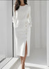 Women's Solid Color Long Sleeves Elegant Midi Dress with Button Details and Side Slit - Crew Neck