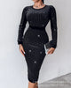 Dress Women Sequins Splice Full Sleeve Midi Dresses Split Solid Round Neck Slim Fit Vestidos Wrap Hip Elegant High Street
