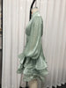 Elegant Pink High Neck Organza Fabric Mini Dresses for Women Puff Sleevs Ruched Waist Tiered Ruffles for Cocktail Parties