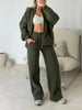 Autumn Sports Suit For Women Loose Solid Color Zipper Long Sleeve Sweatshirt Coat High Waist Lace Up Trousers 2 Piece Set