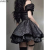Japan Vintage Gothic Lolita Dress Women Black Square Puff Sleeve Jacquard Design Party Dresses Female A-line Cute Bow Mini Dress