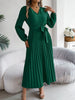 Spring Autumn Elegant Buttons V Neck Lantern Long Sleeve Lace Up Pleated Dress Khaki Blue Red Green Black Women Dresses