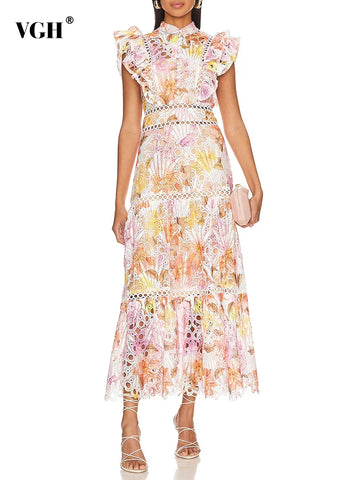 Colorblock Printing Casual Dresses For Women Stand Collar Flying Sleeve High Waist Hollow Out Elegant Dress Female