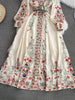 Runway Designer Dresses Women Stand Neck Long Sleeve Floral Print With Belt Boho Holiday Dress Flower Long Robes
