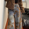 Retro Jacquard Jeans Women's Spring and Autumn High Waist Design Slim and Loose Wide Leg Pants