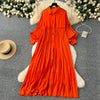 Spring Vintage Loose Dresses Women Lantern Sleeve Turn-down Collar Solid Single Breasted Casual Folds Long Dress