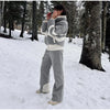 Women Color Block Spliced Ski Set Fleece Lined Stand Collar Zip Jacket Multi‑Pocket Wide Leg Trousers Winter Outfit