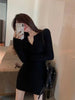 Autumn Winter Mini Dress Women V Neck Button Sexy Sweater Elegant Bodycon Dresses Long Sleeve Robe Short Skirt Waist Solid