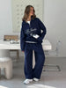 Casual Letter Embroidered Sweatshirt Sports Pants Suit Spring and Autumn Women Half Zipper Jacket Wide Leg Pants 2Pcs