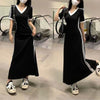 Women Autumn Midi Dresses Black Vintage Simple Y2K V-neck Korean Preppy Style Elastic Long Sleeved A-Line Sports Dress