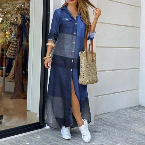 Spring And Autumn Women's Plaid Printed Polo Neck Shirt Dress Elegant Denim Long Sleeve Button Pocket Loose Long Dreess
