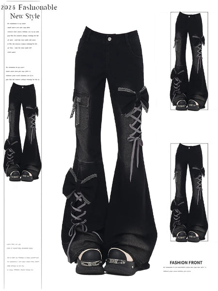 Women's Low Rise Flare Jeans Bow Lace Up Japanese Designer Denim Pants Shoujo Y2k American Retro Bell Bottom Jeans Harajuku