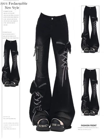 Women's Low Rise Flare Jeans Bow Lace Up Japanese Designer Denim Pants Shoujo Y2k American Retro Bell Bottom Jeans Harajuku