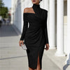 Women's White Off Shoulder Asymmetric Bodycon Dresses Autumn High Collar Cutout Long Sleeve Ruched Slit Slim Midi Dress