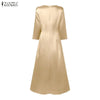 Womens Elegant Satin Silk Party Dresses O-Neck 3/4 Sleeve A-Line Long Pleated Dress Solid Color Guest Evening Robe Femme