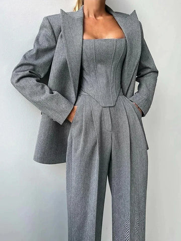 Temperament Fishbone Top Blazer Pants Sets 3 Pieces For Women Solid Jacket Crop Tops High Waist Pocket Pant Lady Office Set