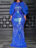 Year Sequined Blue Mermaid Dress for Women Long Sleeve Slim Wedding Guest Birthday Prom Christmas Formal Party Robe