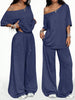Women's Casual Solid Color Sports Two-Piece Loose Fit Pants Set with Slanted Hem and Wide Leg Design for Spring and Autumn