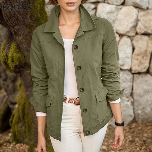 Women Casual Jackets Autumn Turn-Down Collar Long Sleeve Button Up Outerwear Solid Color Commuting Work Wear Tops