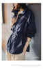 Women's Lightweight Stand Collar Short Windbreaker Jacket Navy Blue Contrast Parka with Waist Cinching for Spring and Fall