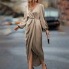 Elegant Women's Maxi Dress With Cross Neckline Folded Pleats Slit Bubble Sleeves Irregular Long Sleeves Dress Autumn