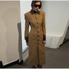 Chic Suede Women's Windbreaker Leather Patchwork Turn-Down Collar Single Breasted Waist-Closed Long Coat Autumn Lady Jacket
