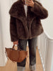 Women Brown Faux Fur Open Front Cardigan Coat Long Sleeve Collarless Loose Plush Outerwear Lady Elegant Winter Warm Furry Jacket
