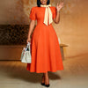 Elegant Women A Line Colorblock Dress Bow Neck Short Puff Sleeve Africa Business Ceremony Party Graduation Festival Wear