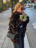 Autumn Women Plaid Knit Scarf Collar Cardigan Coat Long Sleeve Oversize Jacket With Pockets High Street Lady Clothing