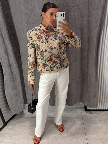 Stand Collar Floral Jacket Women Shoulder Pad Single Breasted Print Coat Autumn Winter Vintage Commute Street Coats