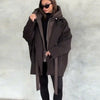 Dark Brown Hooded Hybrid Belted Jacket Oversize Long-Sleeve Spring Elegant Women Outerwear Office Casual Overcoat