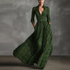 Women Plaid Shirt Dress V Neck Single Breasted Split Asymmetrical Hem Pocket Maxi Dress Ladies Elegant Casual Vintage Long Dress