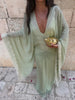 Elegant Green Lace V Neck Maxi Dress Women Chic Full Flared Sleeve Pleated Slim Fit Layered Gown Evening Wedding Guest Robe