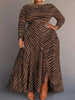 Plus Size Zebra Striped Long Sleeve Maxi Dress Boat Neck Slit Dress Women Curvy African Elegant Evening Long Gown