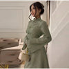 Spring Women Dress Set Minimalist Stand Collar Knot Button Slit Hem Long Dresses All-match Skirts Lady Street Gown