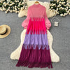 Tassel Patchwok Color Block Dress for Women Pleated Puff Sleeve Mid-calf Dresses Female Autumn