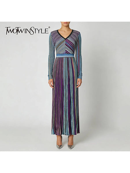 Hit Color Striped Spliced Bright Silk Dresses for Women V Neck Long Sleeve High Waist Knit Dress Female