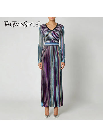 Hit Color Striped Spliced Bright Silk Dresses for Women V Neck Long Sleeve High Waist Knit Dress Female