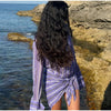 Women Chic Vacation Outfits Striped Print Sheer Chiffon Shirt Casual Turn-down Collar Mini Dress & Detachable Scarf
