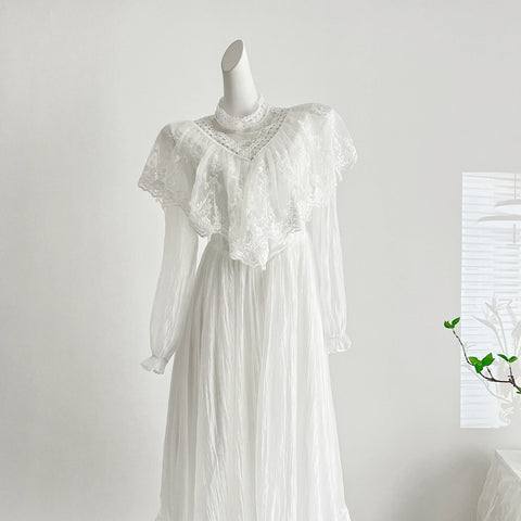 White Lace Fairy Dress Woman Vintage Victorian Style Long Sleeve Half High Collar Romantic Lady Long Dresses Vestido Branco