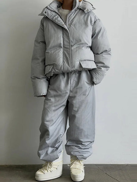 Women Vertical Striped 2‑Piece Winter Outfit Detachable Hood Puffer Jacket Drawstring Baggy Snow Pants Warm Matching Sets